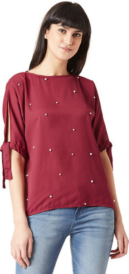 Miss Chase Party Half Sleeve Solid Women Maroon Top