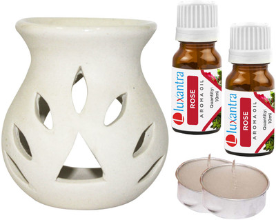 Luxantra Rose Aroma Oil with Ceramic Tlight Night Lamp Light Aroma Diffuser Set LX-WHITETDIFF25-2TL-2RS(5 x 4 ml)