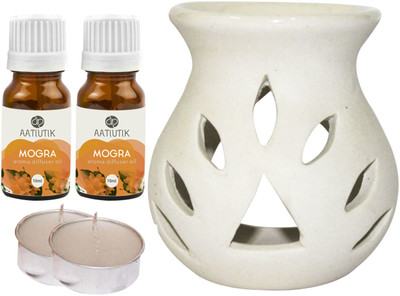 Aatiutik Mogra Aroma Oil with Tlight Ceramic Night Lamp Light Aroma Diffuser Set AT-TDIFF25WHITE-2TL-2MOG(5 x 4 ml)