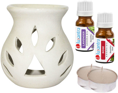 Luxantra Lavender, Rose Aroma Oil with Ceramic Tlight Night Lamp Light Aroma Diffuser Set LX-WHITETDIFF25-2TL-LV-RS(5 x 4 ml)
