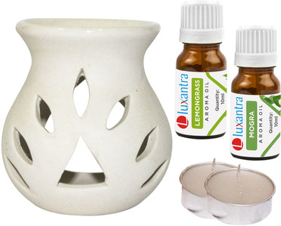 Luxantra Lemongrass, Mogra Aroma Oil with Ceramic Tlight Night Lamp Light Aroma Diffuser Set LX-WHITETDIFF25-2TL--MOG(5 x 4 ml)