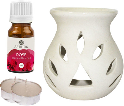 Aatiutik Rose Aroma Oil with Tlight Ceramic Night Lamp Light Aroma Diffuser Set AT-TDIFF25WHITE-2TL-RS(4 x 2.5 ml)