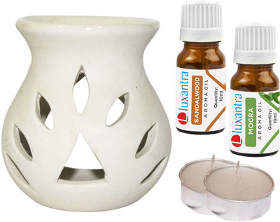 Luxantra Mogra Aroma Oil with Ceramic Tlight Night Lamp Light Aroma, Sandalwood Diffuser Set LX-WHITETDIFF25-2TL-SW-MOG(5 x 4 ml)