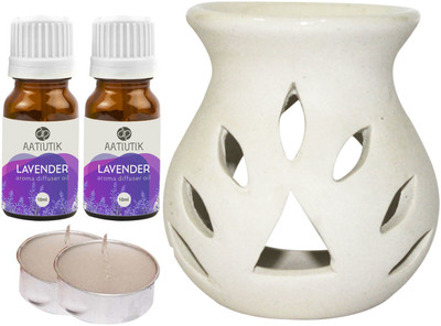 Aatiutik Lavender Aroma Oil with Tlight Ceramic Night Lamp Light Aroma Diffuser Set AT-TDIFF25WHITE-2TL-2LV(5 x 4 ml)