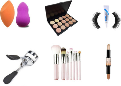 

BAGRIA makeup puffs pack of 2 with eyeshadow with curler with brush set with glue with stick(Set of 13)