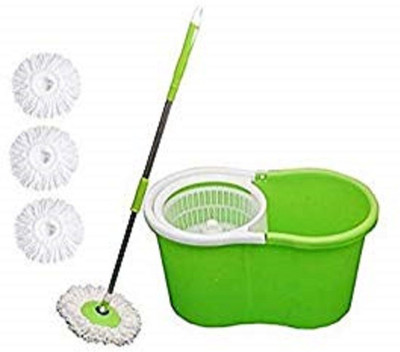 JSN 360Â° Spin Floor Cleaning Easy Magic Plastic Bucket Mop with 4 Microfiber Heads Mop Set(Green)