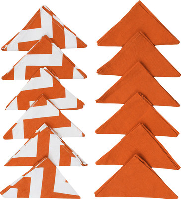 Dekor World Cotton Chevron Printed and Solid Orange Cloth Napkins(12 Sheets)