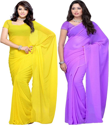FANCYNINE Solid/Plain Daily Wear Georgette Saree(Pack of 2, Purple, Yellow)