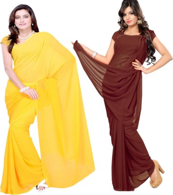 Fancyninee Solid/Plain Bollywood Georgette Saree(Pack of 2, Yellow, Brown)