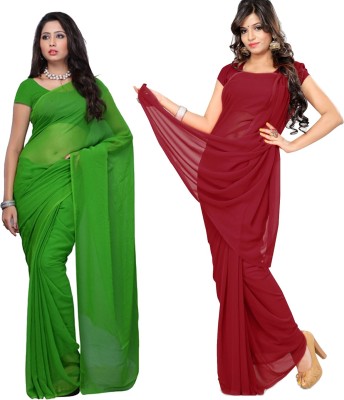 FANCYNINE Solid/Plain Daily Wear Georgette Saree(Pack of 2, Green)