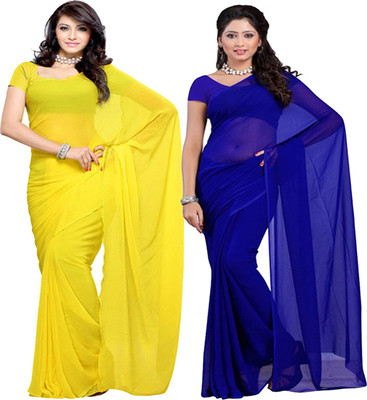 FANCYNINE Solid/Plain Daily Wear Georgette Saree(Pack of 2, Blue, Yellow)