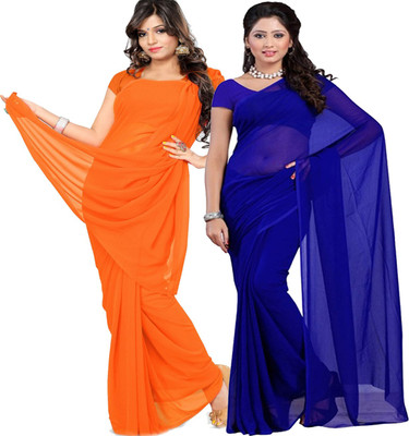 Fancyninee Solid/Plain Bollywood Georgette Saree(Pack of 2, Orange, Blue)