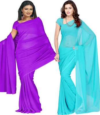 FANCYNINE Solid/Plain Daily Wear Georgette Saree(Pack of 2, Purple, Light Blue)