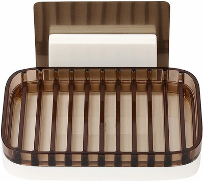 

Online World Plastic Magic Sticker Series Self Adhesive Square Soap Holder for Bathroom with Drip Stop Tray(Brown)