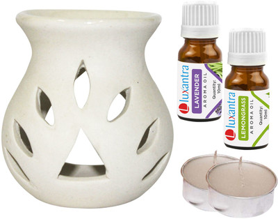 Luxantra Lemongrass Aroma Oil with Ceramic Tlight Night Lamp Light Aroma, Lavender Diffuser Set LX-WHITETDIFF25-2TL-LV-LG(5 x 4 ml)