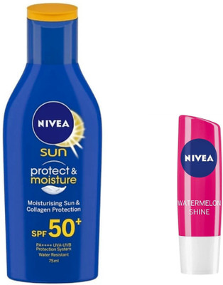 

Nivea Sun Moisturising Lotion - SPF 50 + PA++++ (75 ml) + Watermelon ShinE Lipcare(Set of 2)
