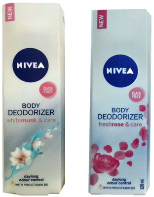 

Nivea WHITE MUSK & CARE BODY DEODORIZER 120 ML+FRESH ROSE & CARE BODY DEODORIZER Perfume Body Spray - For Men(120 ml, Pack of 2)