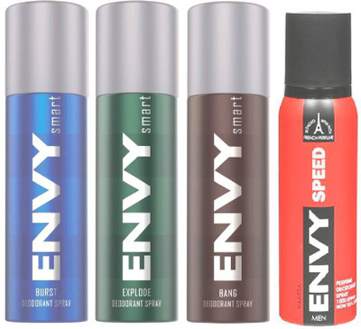 

ENVY SMART EXPLODE DEODORANT 135ML+ SMART BURST DEODORANT 135ML+ SMART BANG DEODORANT 135ML+ SPEED DEODORANT 120ML Perfume Body Spray - For Men(135 ml, Pack of 4)