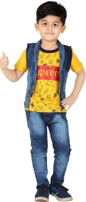 FASHION GRAB Baby Boys Party(Festive) T-shirt Jacket, Jeans(Yellow)