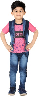 FASHION GRAB Baby Boys Party(Festive) T-shirt Jacket, Jeans(Pink)