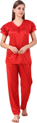 Bombshell Women Solid Red Top & Pyjama Set