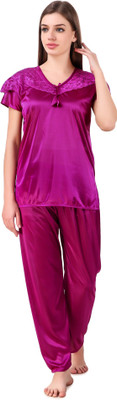 Bombshell Women Solid Purple Top & Pyjama Set