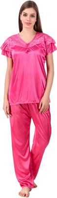 Bombshell Women Solid Pink Top & Pyjama Set