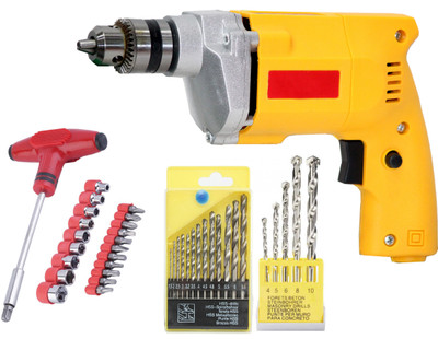 Digital Craft Yellow Electric Drill Machine Combo 13Pc HSS Drill Set 5 Pc Masonary Drill Set With T-Bar Screwdriver Pistol Grip Drill Power & Hand Tool Kit(40 Tools)