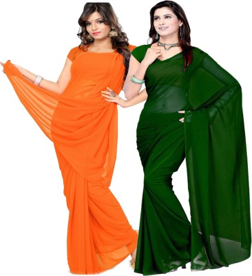 FANCYNINE Solid/Plain Daily Wear Georgette Saree(Pack of 2, Green)