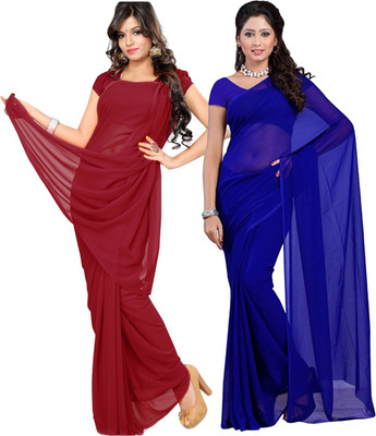FANCYNINE Solid/Plain Bollywood Georgette Saree(Pack of 2, Blue, Maroon)