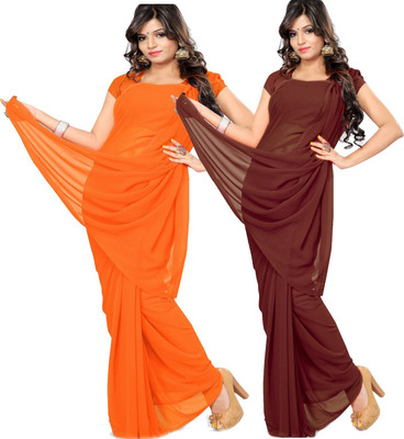 Fancyninee Solid/Plain Bollywood Georgette Saree(Pack of 2, Orange, Brown)