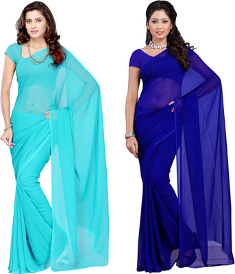 FANCYNINE Solid/Plain Daily Wear Georgette Saree(Pack of 2, Blue)