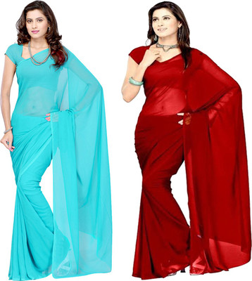 Fancyninee Solid/Plain Bollywood Georgette Saree(Pack of 2, Blue, Red)