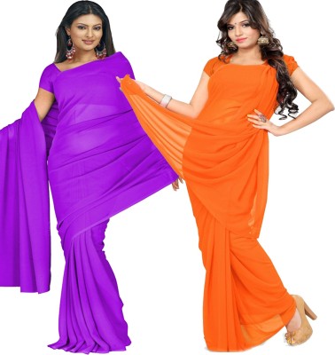 FANCYNINE Solid/Plain Daily Wear Georgette Saree(Pack of 2, Purple)