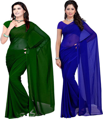 FANCYNINE Solid/Plain Daily Wear Georgette Saree(Pack of 2, Blue)