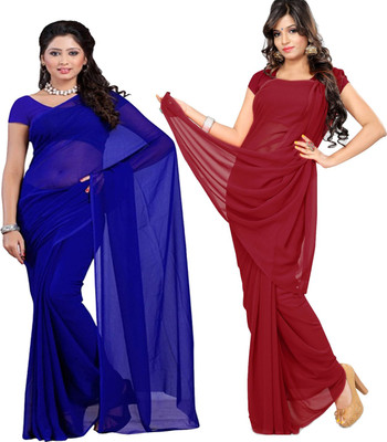 FANCYNINE Solid/Plain Bollywood Georgette Saree(Pack of 2, Maroon, Blue)
