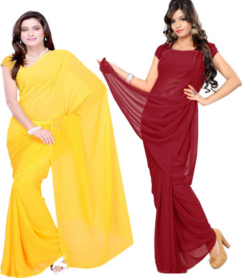 FANCYNINE Solid/Plain Daily Wear Georgette Saree(Pack of 2, Maroon, Yellow)