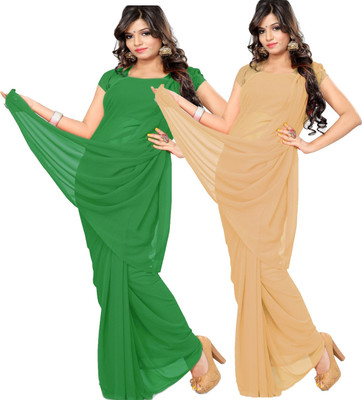 Fancyninee Solid/Plain Bollywood Georgette Saree(Pack of 2, Light Green, Beige)