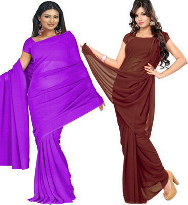 FANCYNINE Solid/Plain Daily Wear Georgette Saree(Pack of 2, Purple, Brown)