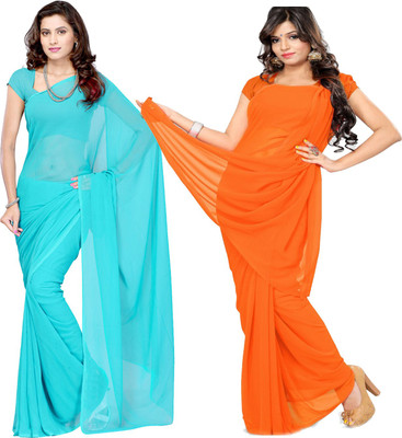 Fancyninee Solid/Plain Bollywood Georgette Saree(Pack of 2, Blue, Orange)