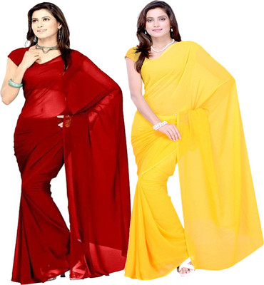 FANCYNINE Solid/Plain Daily Wear Georgette Saree(Pack of 2, Maroon, Yellow)