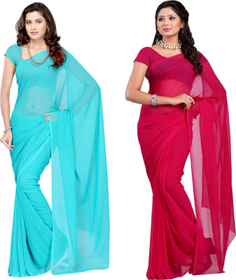 FANCYNINE Solid/Plain Daily Wear Georgette Saree(Pack of 2, Pink)