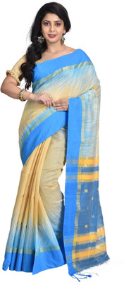 Rukmini Boutique Striped Handloom Cotton Linen, Pure Cotton Saree(Beige)