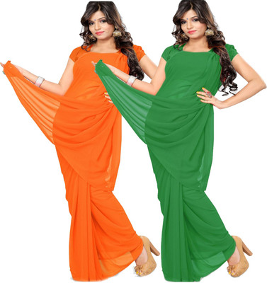 Fancyninee Solid/Plain Bollywood Georgette Saree(Pack of 2, Orange, Green)