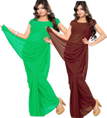 FANCYNINE Solid/Plain Daily Wear Georgette Saree(Pack of 2, Green)