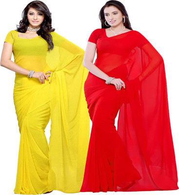 FANCYNINE Solid/Plain Daily Wear Georgette Saree(Pack of 2, Red)