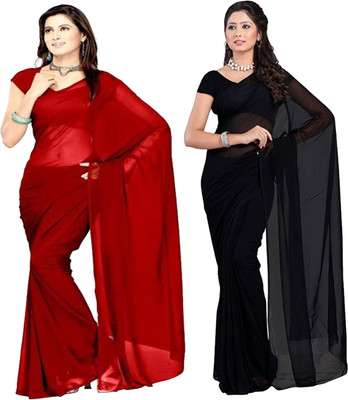 FANCYNINE Solid/Plain Daily Wear Georgette Saree(Pack of 2, Red)