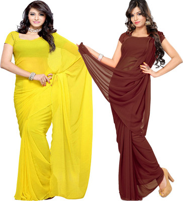 Fancyninee Solid/Plain Bollywood Georgette Saree(Pack of 2, Yellow, Brown)