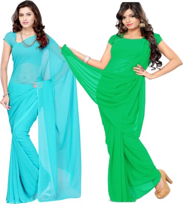 FANCYNINE Solid/Plain Daily Wear Georgette Saree(Pack of 2, Blue)