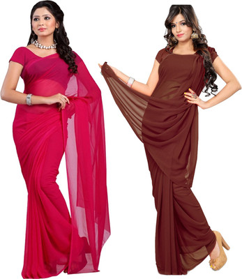 FANCYNINE Solid/Plain Daily Wear Georgette Saree(Pack of 2, Brown, Pink)